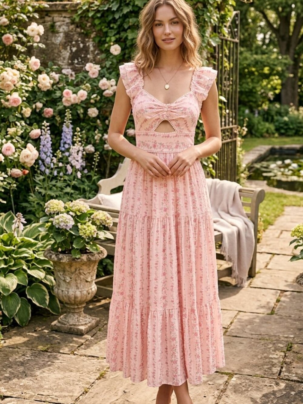 TRIXXI NWT Pink Floral Cutout Tiered Ruffle Maxi Dress Cottagecore Boho M